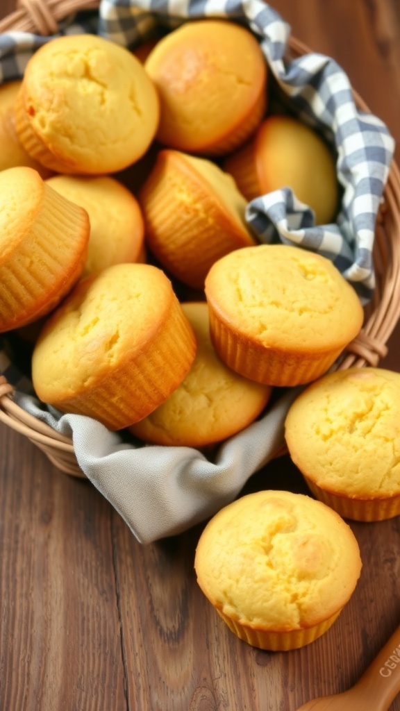 Gluten-Free Cornbread Muffins Recipe A basket of golden gluten-free cornbread muffins on a wooden table.